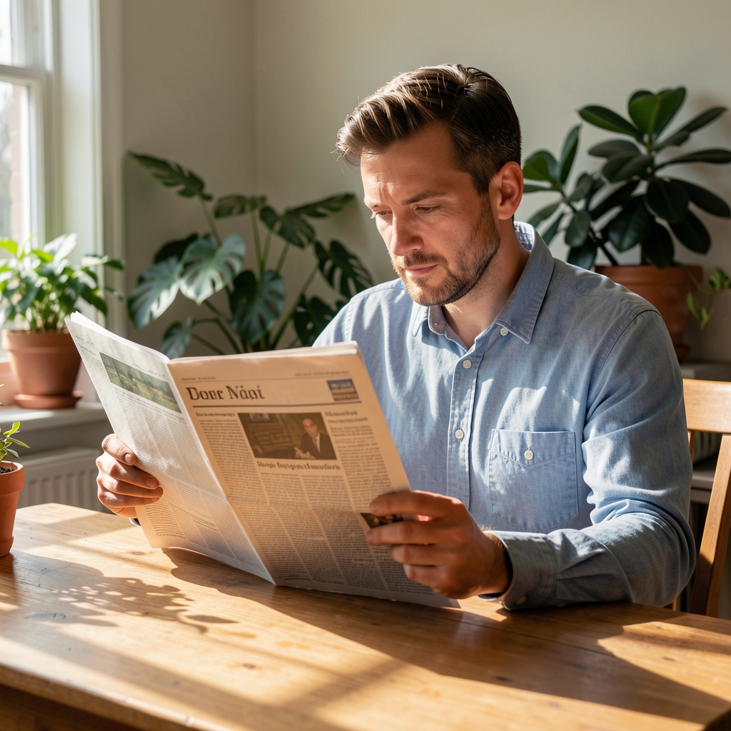 Man sitting at a sunlit wooden table reading a broadsheet newspaper, plants visible in the background, calm and contemplative domestic scene