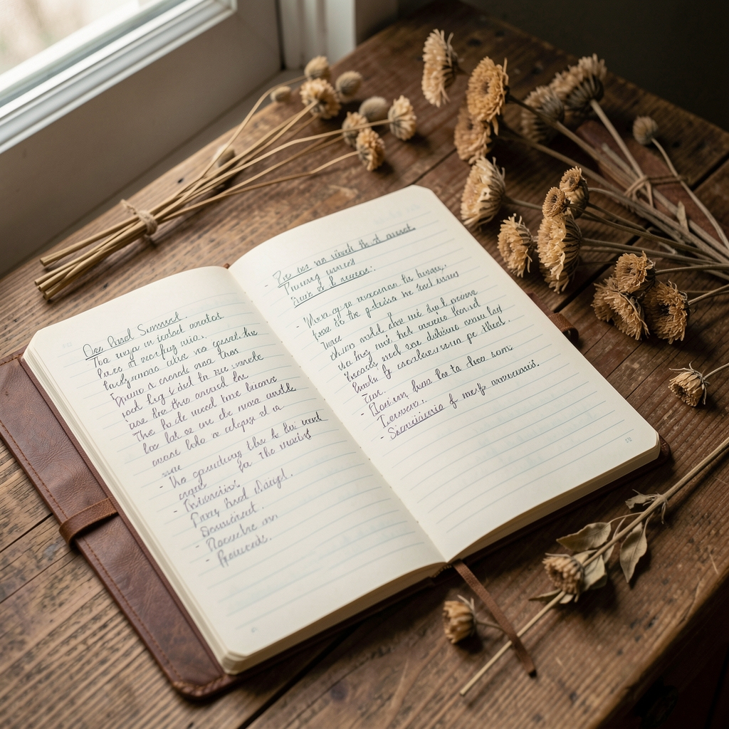 Open notebook with handwritten notes resting on a wooden surface beside dried botanical specimens, natural diffused window light, scholarly and contemplative mood