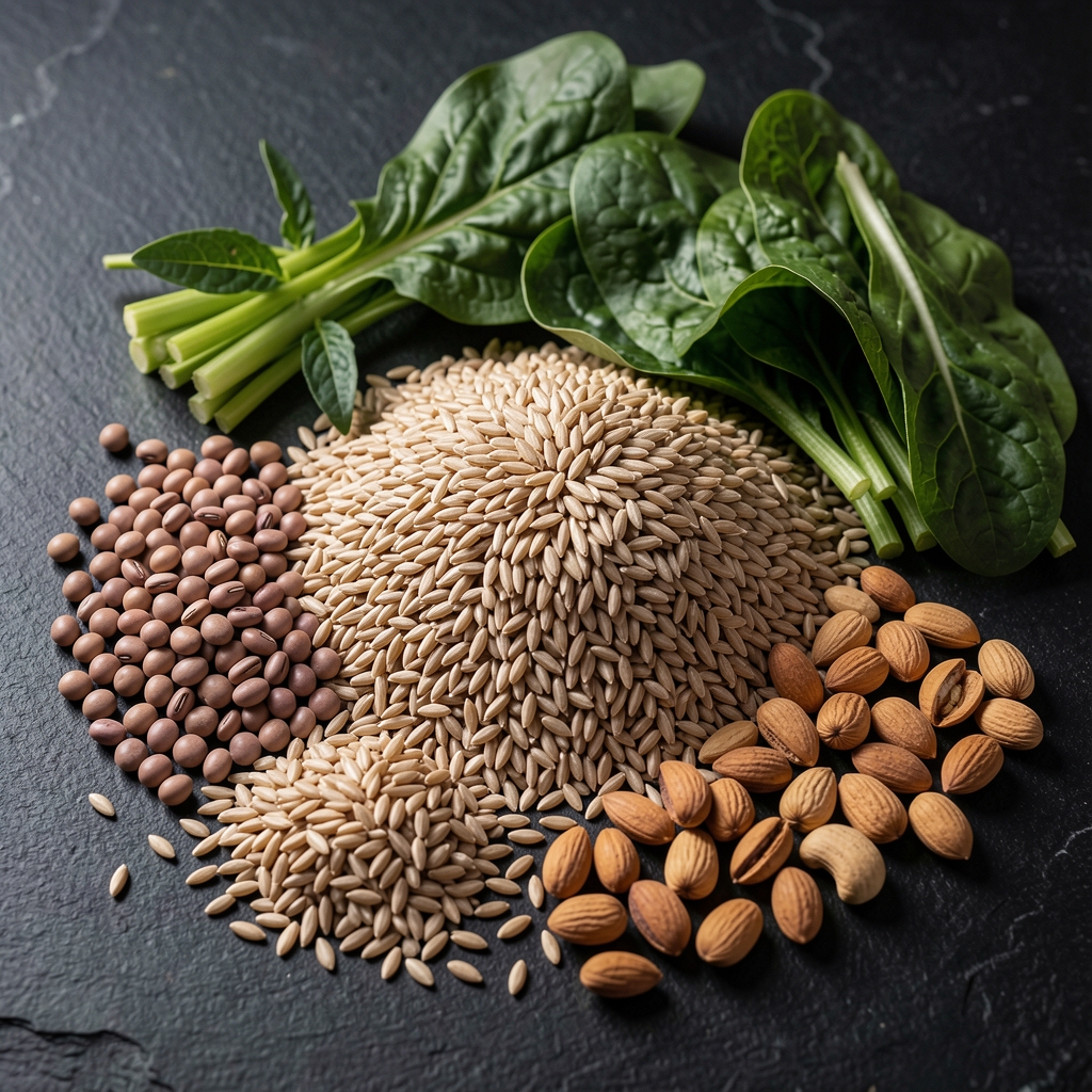 Variety of whole foods including legumes, whole grains, leafy greens, and nuts arranged on a dark textured surface, editorial food photography with dramatic natural lighting