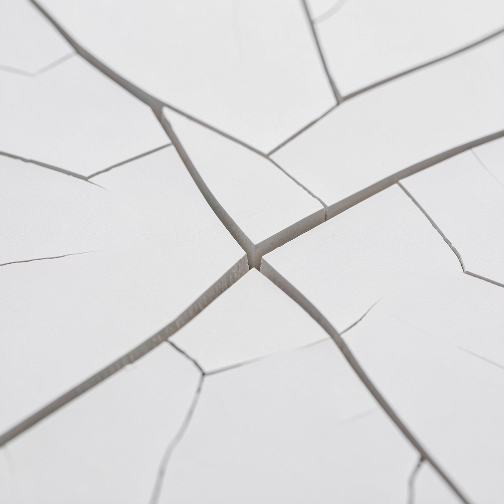 Close-up of a cracked white surface with clean lines and geometric forms, abstract texture representing clarity emerging from complexity and structured thinking