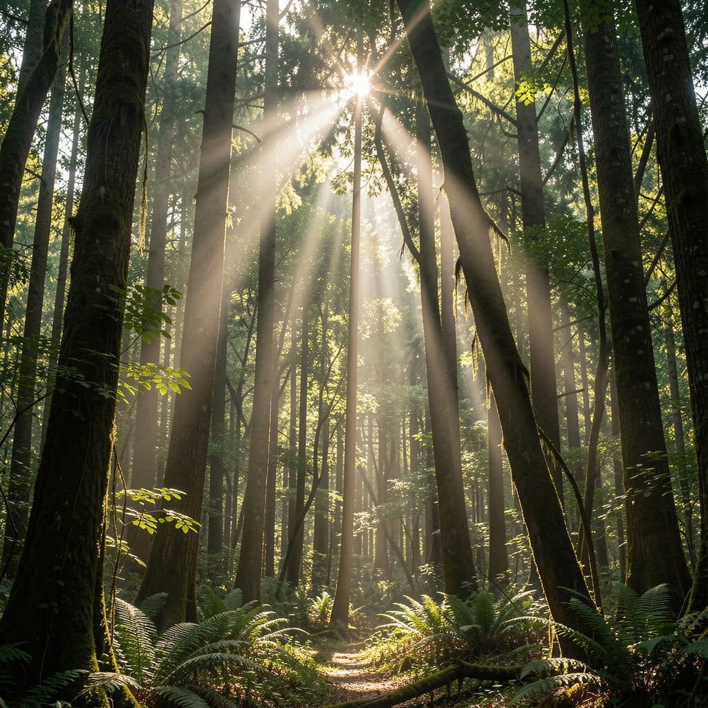 Sunlight breaking through dense forest canopy, rays of light cutting through shadow, evoking clarity emerging from complexity
