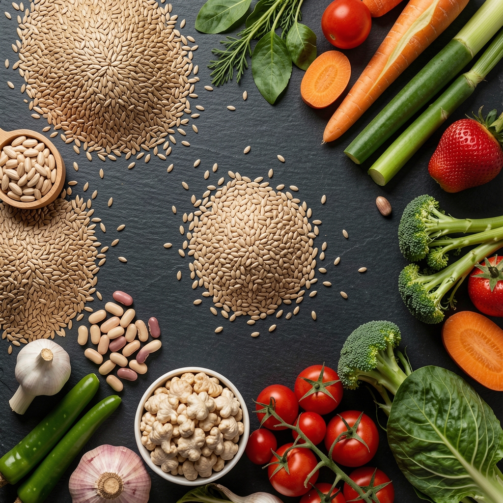 Abstract overhead view of various whole foods including grains, legumes, and vegetables arranged on a dark slate surface, representing nutritional diversity and balance