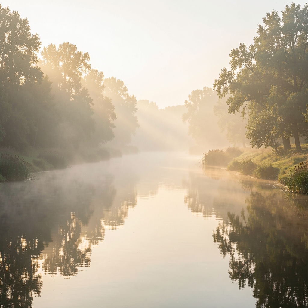 Serene early morning landscape with a calm river reflecting soft golden light through mist and trees, conveying balance and quiet contemplation
