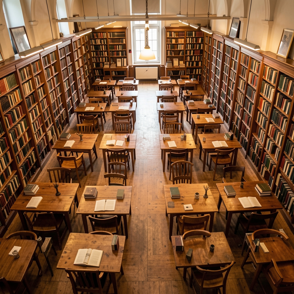 Aerial view of an organized library reading room with rows of books and wooden reading tables, warm overhead lighting creating a scholarly atmosphere